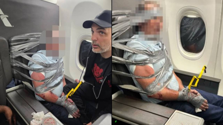 Uçakta kavga çıkaran yolcu koli bandıyla koltuğa bantlandı