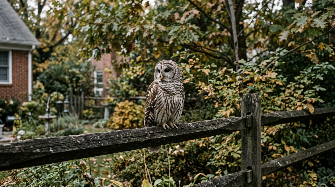 Barred Owl Perches on Backyard Fence in Colonial Village, NW Washington