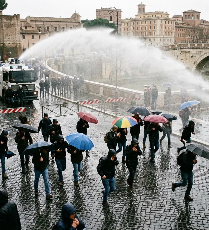 Rome police use water cannon as strike march hits cordons