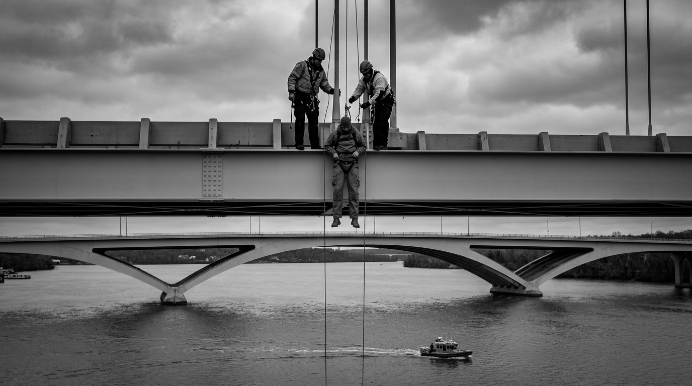 Protester Guido Reichstadter descends from Frederick Douglass Memorial Bridge after nearly a week