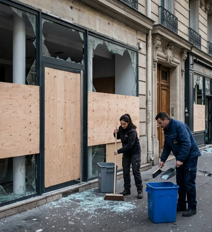Le Pen presses order pitch after 2,000 French shops looted